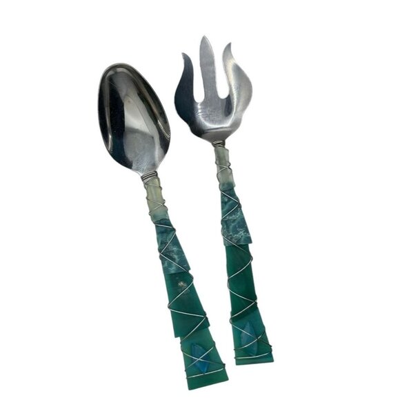 Handcrafted Stainless Steel Salad Server Set With Unique Glass Wrapped Handles - Picture 7 of 13